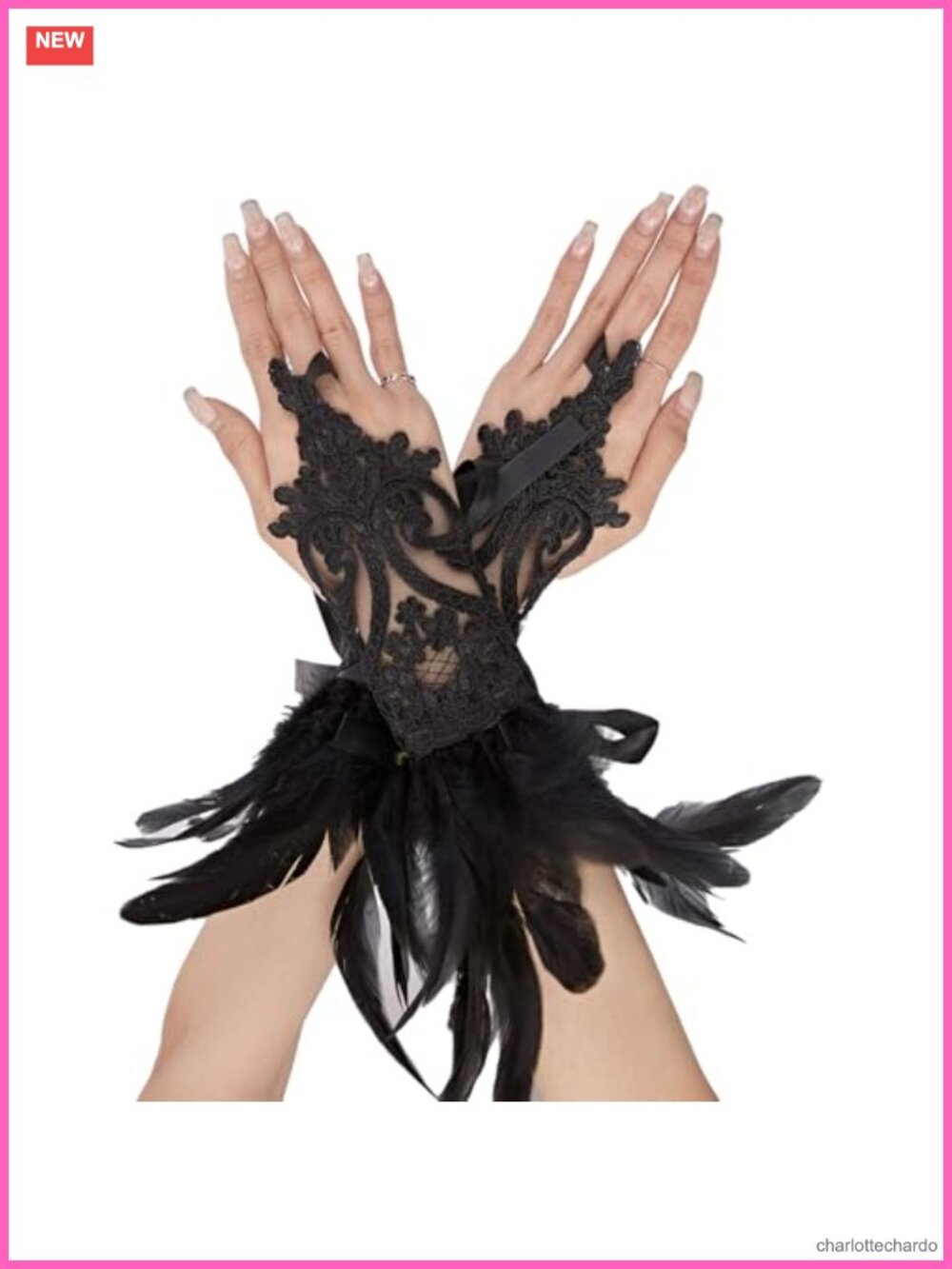 Black Lace Feather Gloves for Women Halloween Witch Costume Accessory